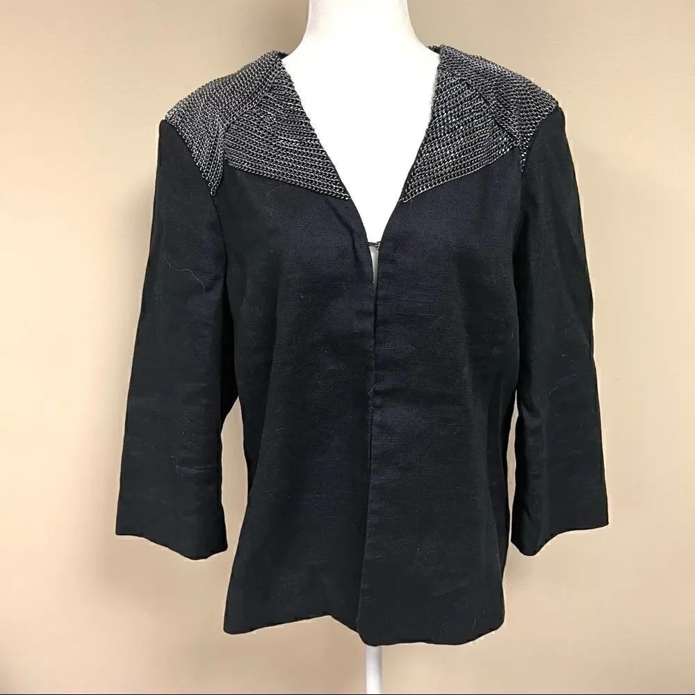 👠Chicos black linen blend jacket with chain accents. Sz L